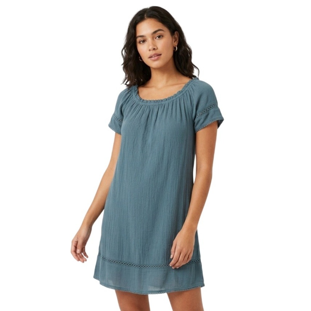 Silver Jeans Co Womens XLarge Blue Crinkle Gauze Crochet Lace Peasant Mini Dress